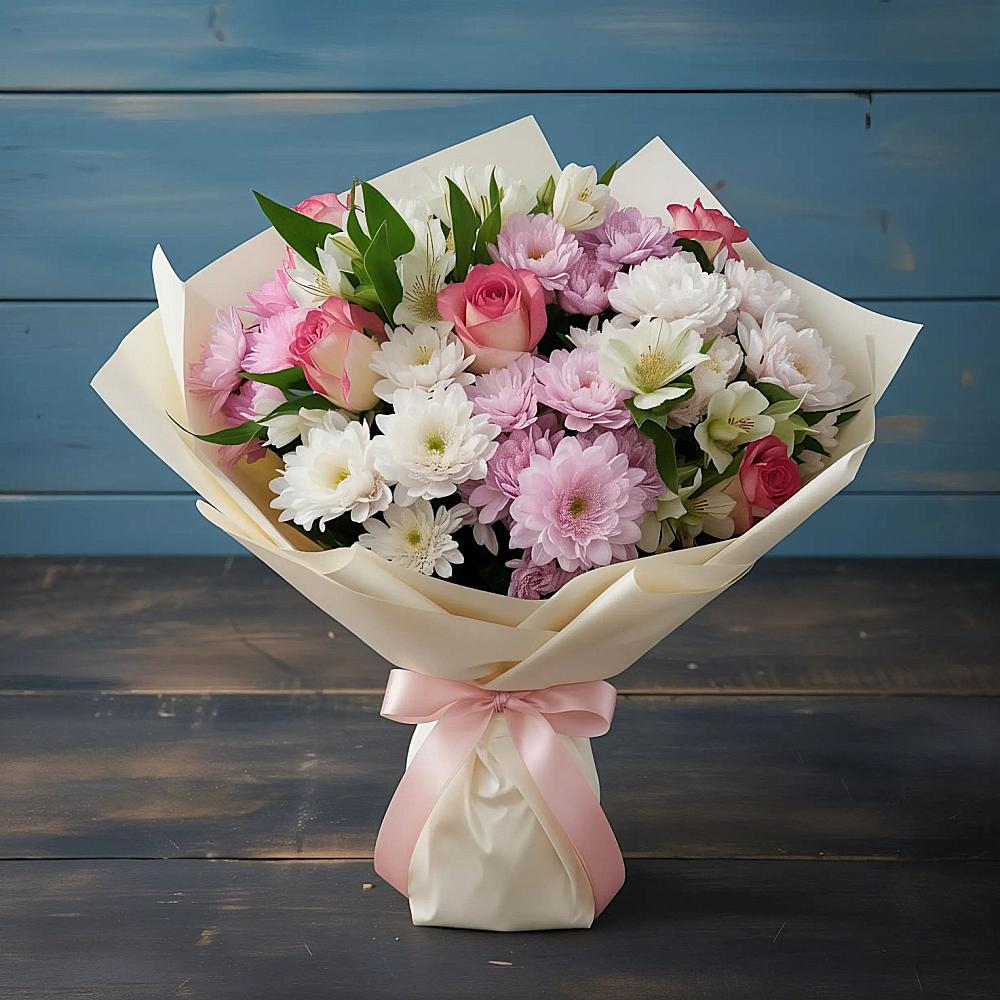 Букет цветов из: Хризантемы, Альстромерии и Розы в Карачаевске